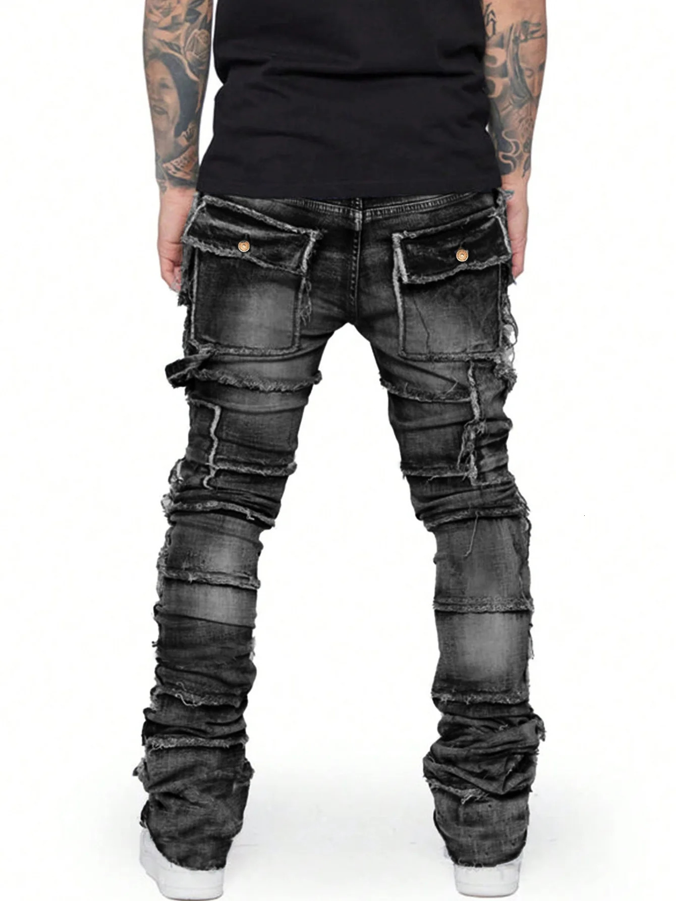 Elastic retro cargo jeans mens tear washed Y2k pants straight leg patch denim Trousers item 240819
