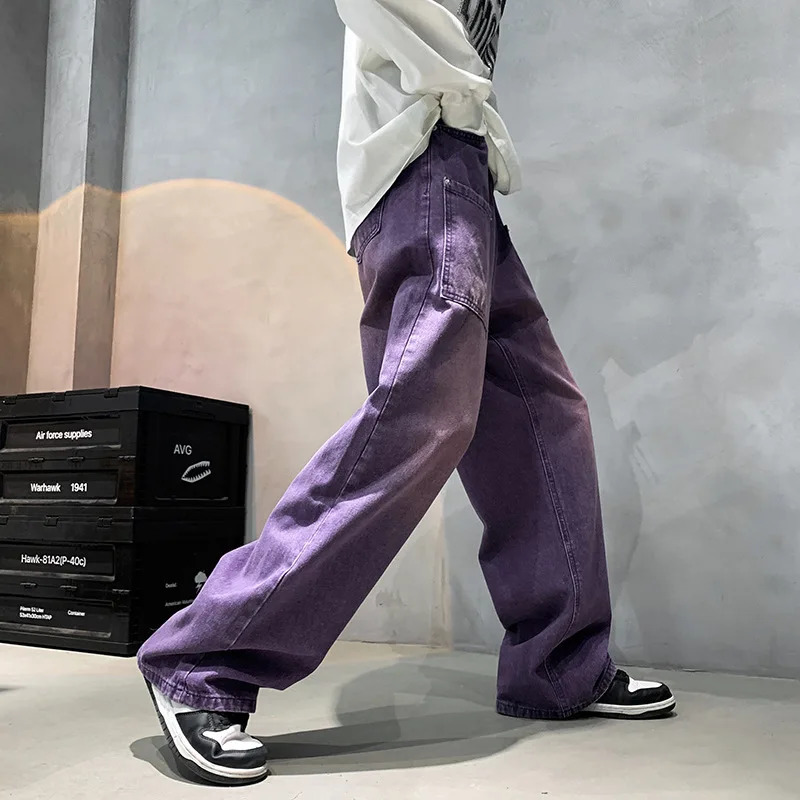 Purple Wide Jeans for Men Ins Fashion Hip Hop Denim Trousers Vintage Casual Pants Streetwear Oversized Bottoms Male Y2K Clothes 240814