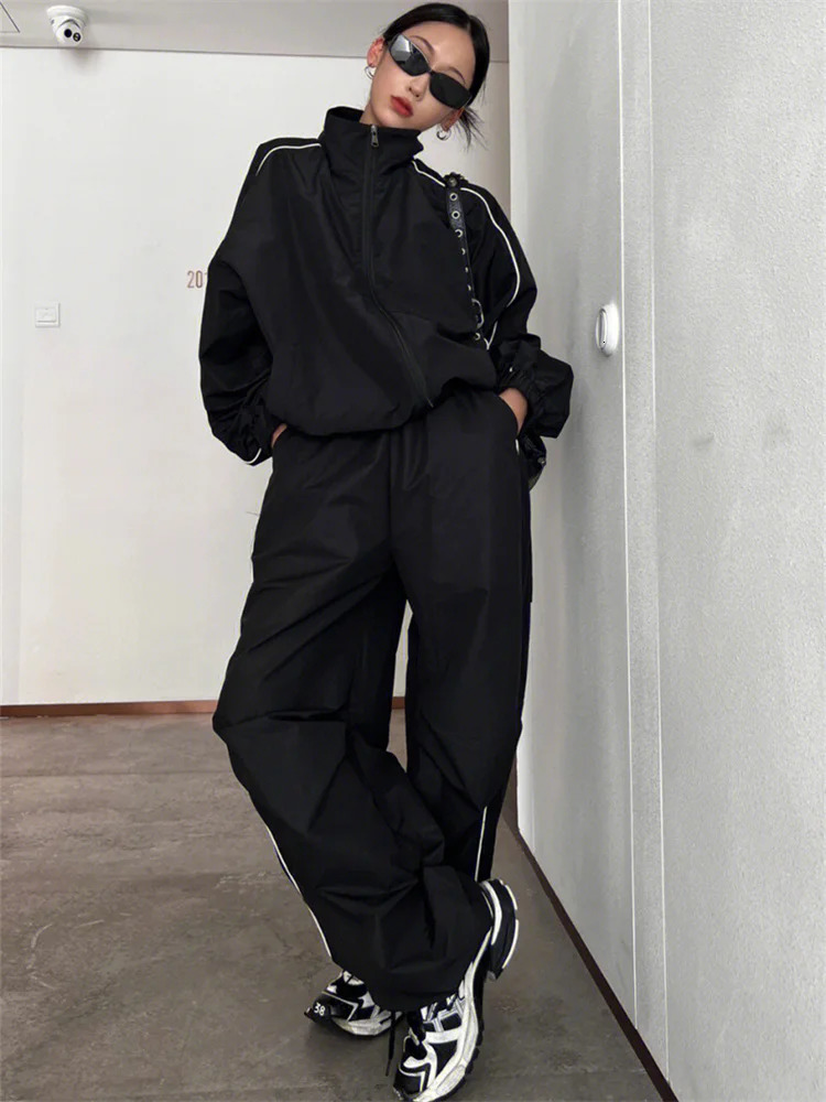 Vintage Black Pants Sets Women Y2K Streetwear Jacket Oversize Wide Leg Track Trousers Gorpcore Two Piece Set Tracksuit 240807