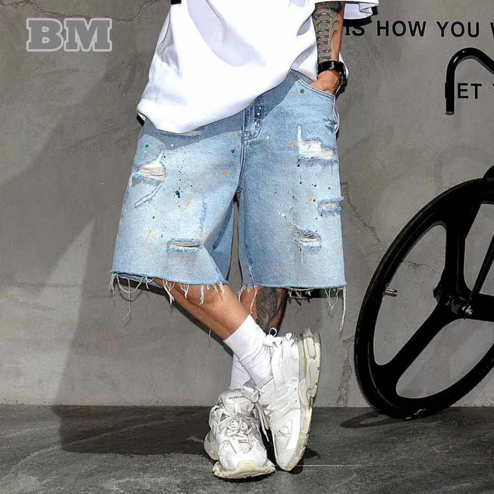 American Streetwear Ripped Denim Shorts For Men Korean Fashion Baggy Jorts Kpop Blue Shorts Summer Trend Skateboard Pants Male 240806