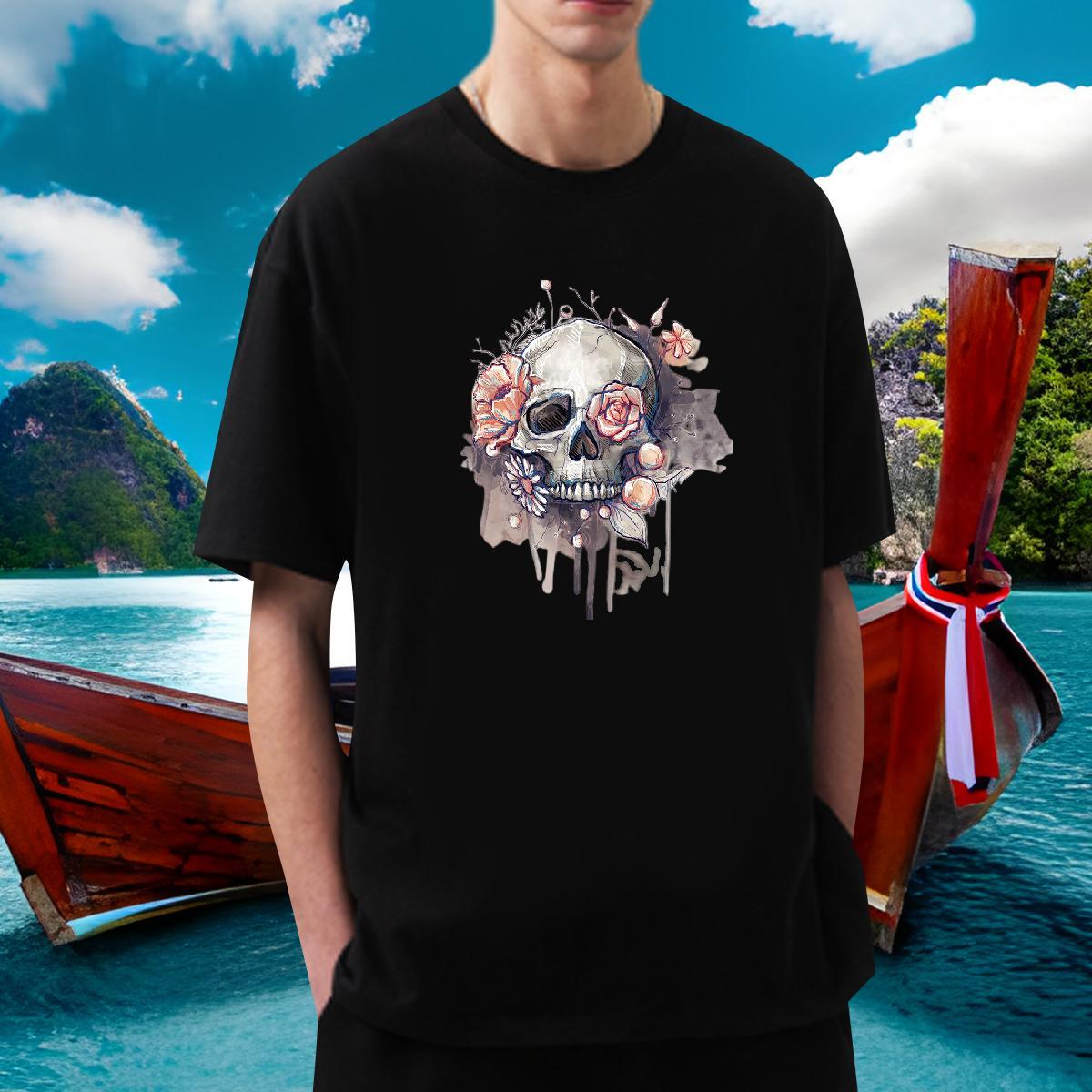 Free Shipping T shirt skull Top Tees 230g 100% Cotton Beach Loose Fit DIY Printed Round Neck Short Sleeve Mens Tshirts