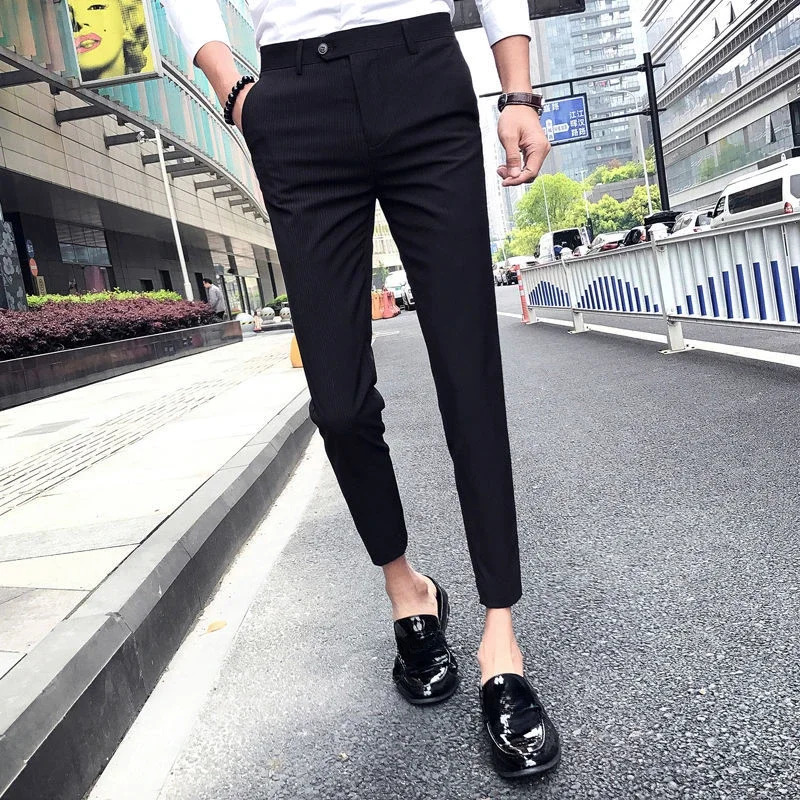 Business Man Suits Pants Striped Gray Trousers for Men Social Tailoring Spandex Up Vintage Korean Style Clothes Reviews Many 240806