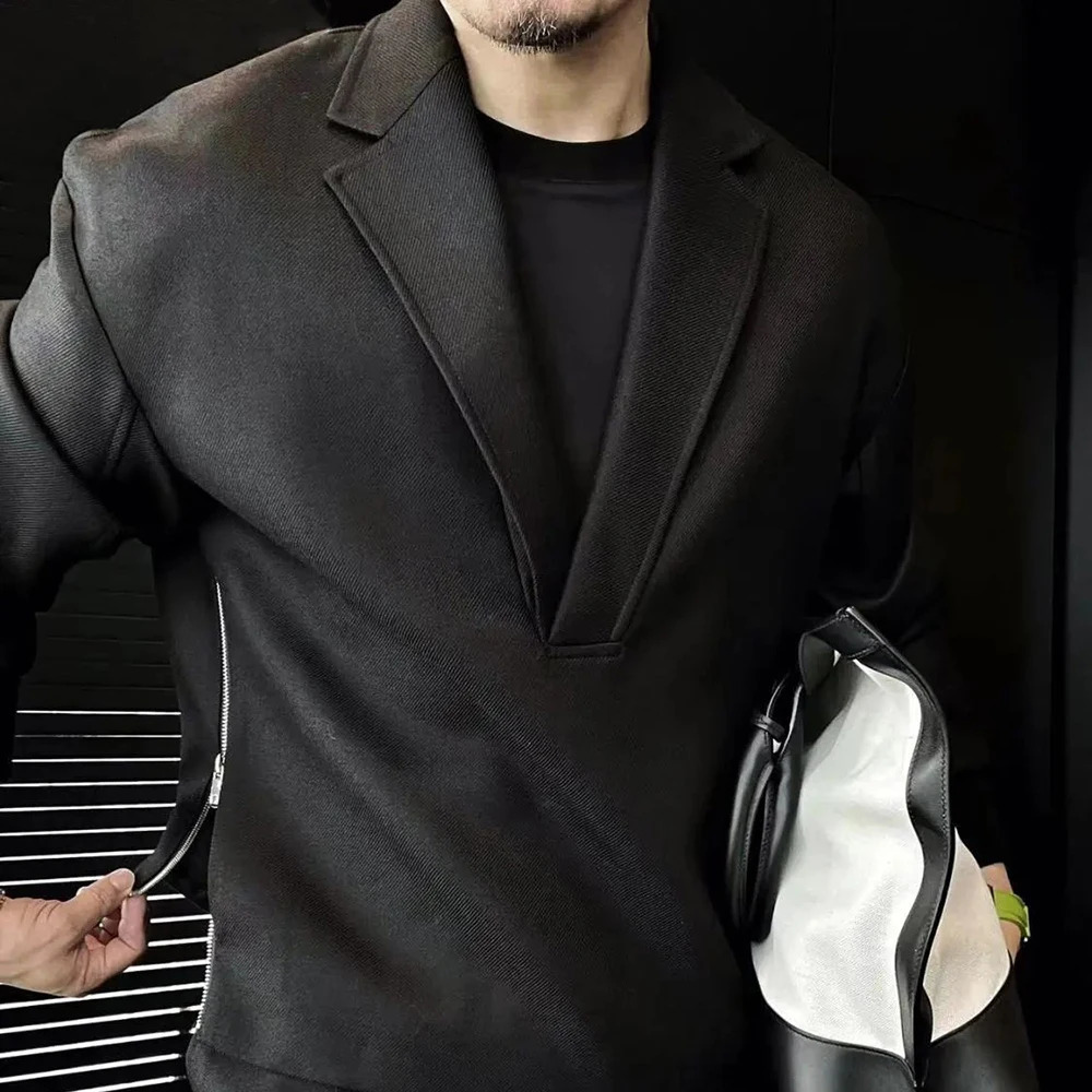 Mens Autumn Casual Simple Double-Sided Zipper Suit French Retro Elegant Solid Color V-Neck Light Mature Style Two-Piece Set 240806 - view 6