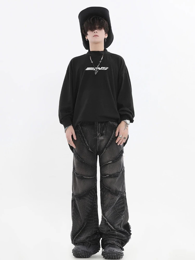 National Couples American Raw Edge Stone Mill Washed Jeans Y2K Gothic Punk Style Loose Straight Tube Make Old Trousers 240806