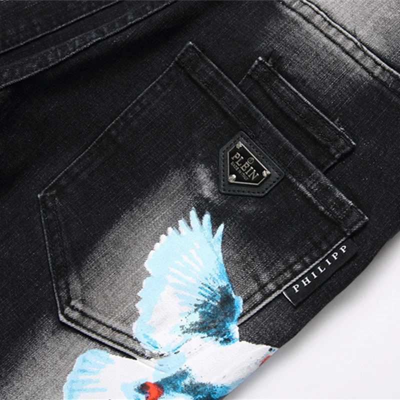 Mens Black Jeans 2024 new Fashion Letter Print Mid-Waist Casual Pants Street Trend Stretch Casual Denim PantsM240803