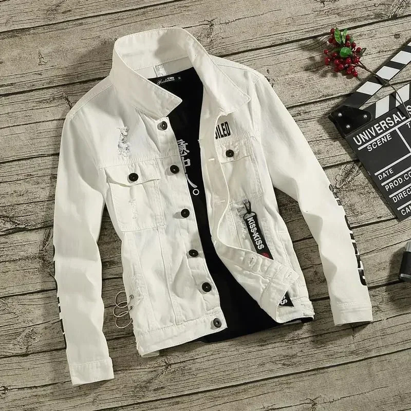 Denim Jackets Man Punk Ripped Jeans Coat for Men Slim Fit with Print Hole Winter Price Stylish on Board Fast Delvery 240806