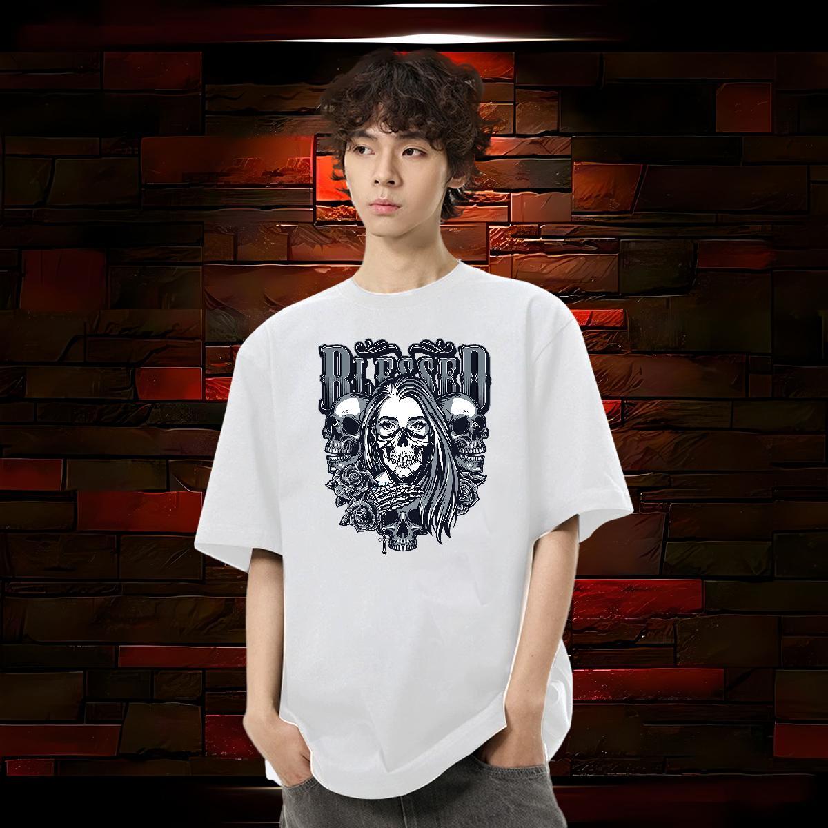 Wholesale T Shirts Men skull Polos 230g Cotton Home Outdoor Loose Custom Printing Crew Neck Tshirt for Man Woman