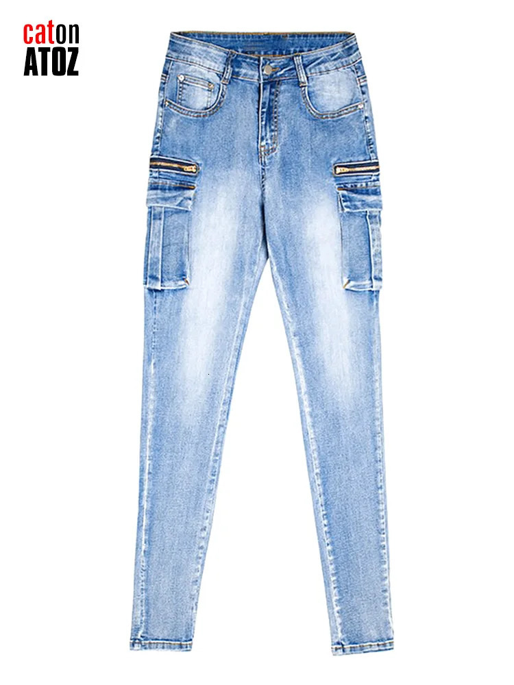 catonATOZ 2237 Women Spring Fashion Cargo Pants Summer Female Zipper Pocket Stretch Slim Jeans Skinny Denim Tousers 240807