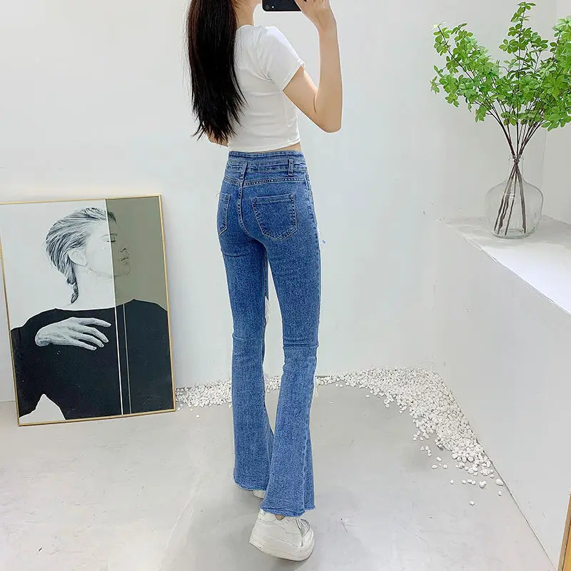 Embroidery Sequin Wing Skinny Tight Stretch High Waist Slim Flare Denim Pant Bootcut Bell Bottom Jeans Women mom y2k oversized 240807