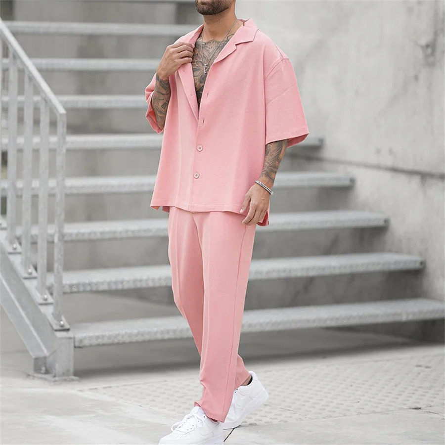 2024 Summer Men Two Piece Suits Mens Clothing Casual Short Sleeve Lapel Button Shirt and Pants Set Casual Outfits Tops Trousers 240813