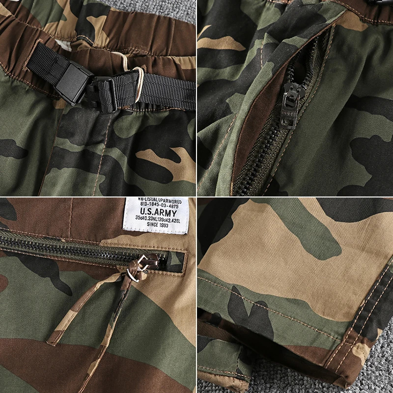 377# Four Seasons American Retro Woven Camouflage Cargo Pants Mens 97% Cotton Washed Multipocket Casual Straight Trousers 240806