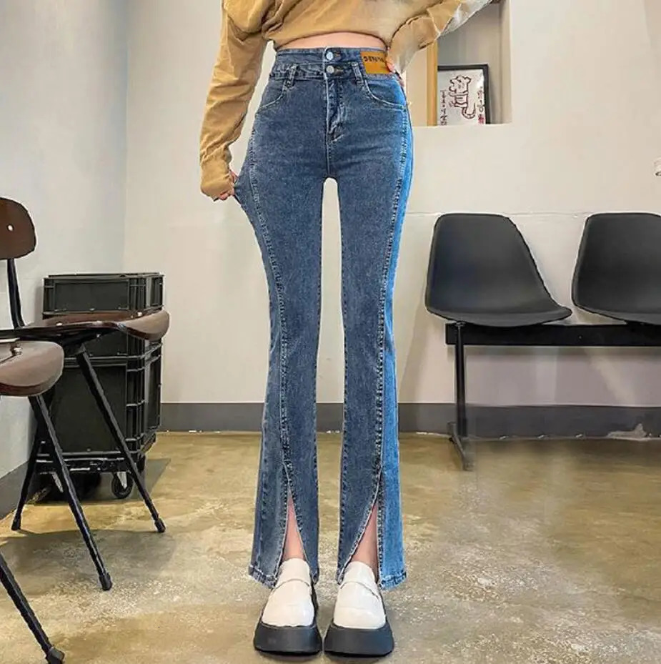 High Wais Skinny Split Jeans Women Bell Bottom Denim Pants Streetwear Womens Jeans spring female y2k stretch Denim Pants 240807