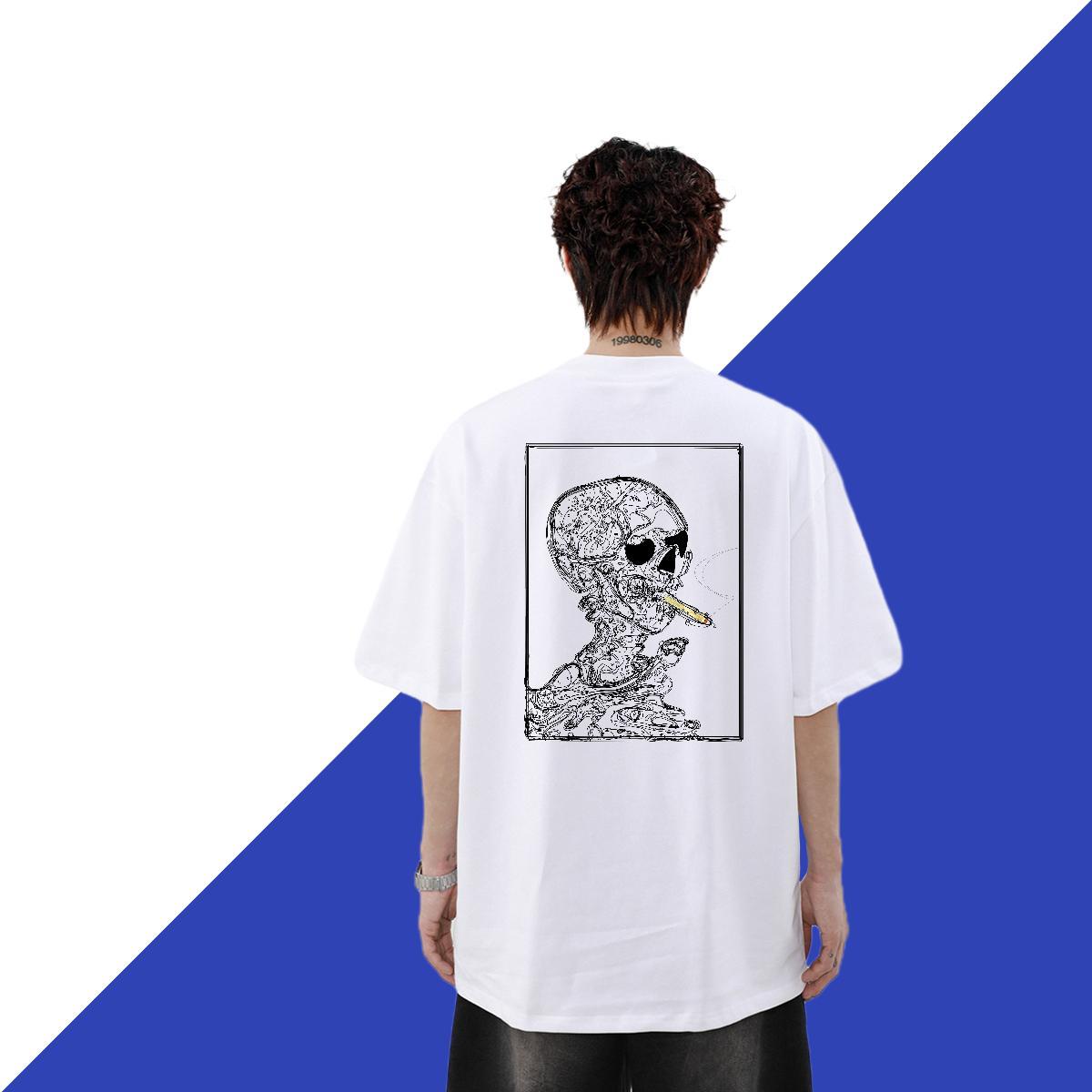 2024 Summer Man T Shirts skull Wear 230g Pure Cotton Casual Daily Wear Loose Fit Customized Print Short Sleeve Soft Men Tees