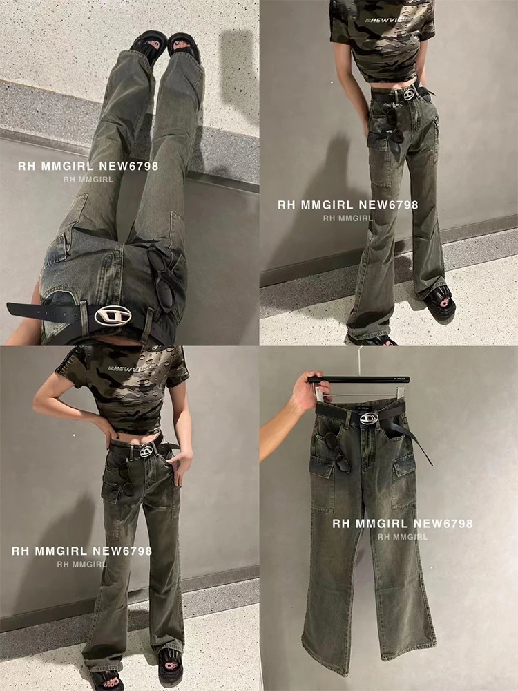 Autumn Winter Women Korean Fashion Denim Bell Bottom Grunge Cargo Pants Vintage Flare Jeans Y2k Japanese Streetwear Punk Gyaru 240807