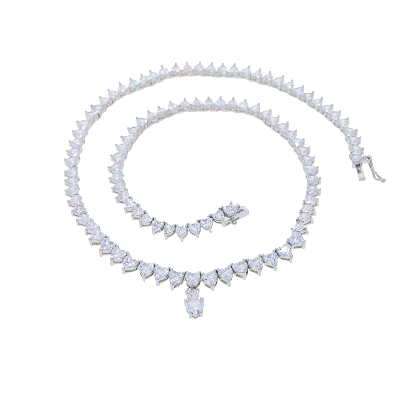 Tennis Chain Necklace: Prong Set White Heart CZ, Iced Out, Bg
