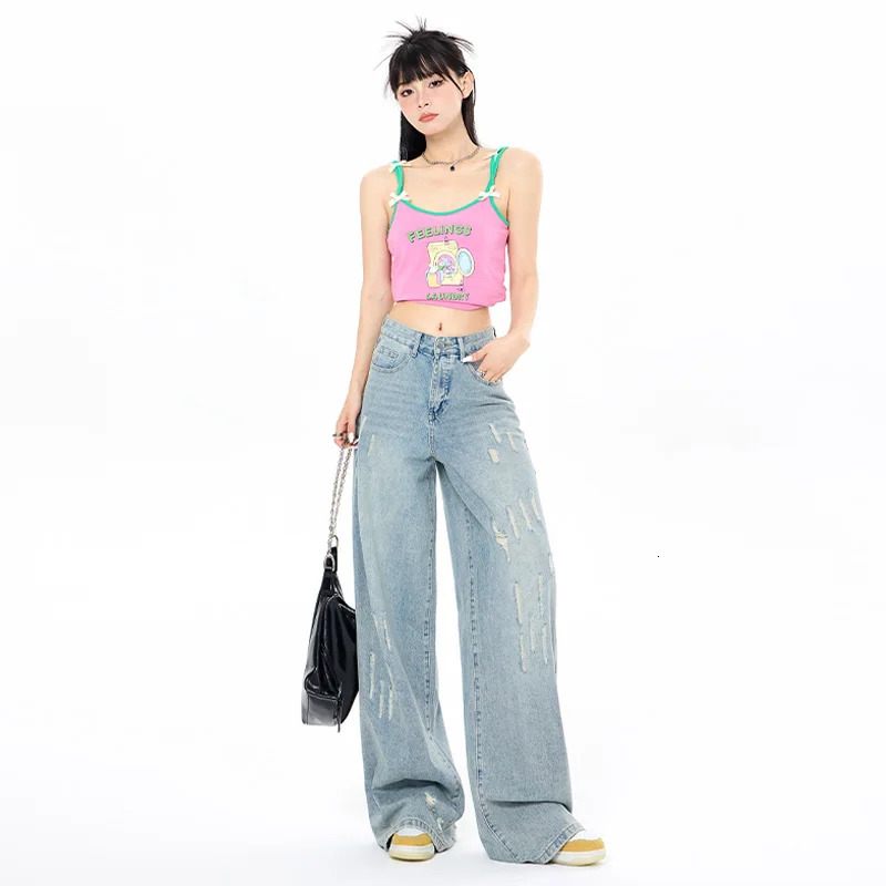 Vintage Washed Wide Leg Jeans For Women High Waisted Straight Leg Denim Pant Spring Summer Loose Pants Streetwear 240807
