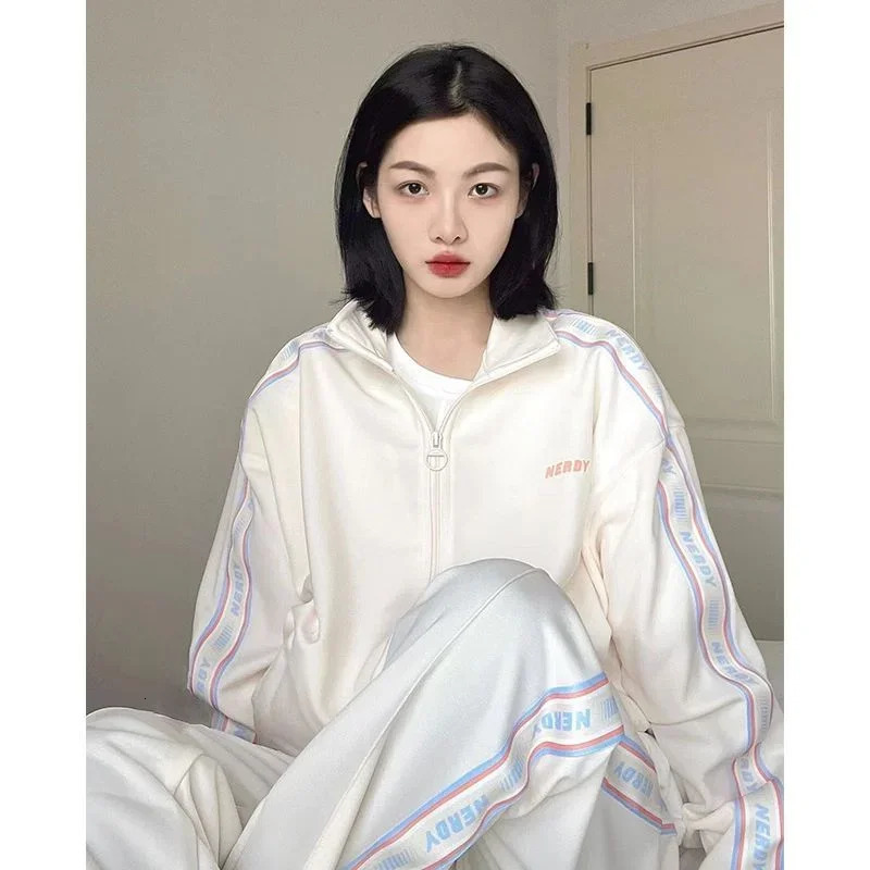 Korean Casual Sports Set Women Harajuku Zipper Cardigan Jacketbaggy Wide Leg Pants Spring Autumn 2pcs Sets Fashion Tracksuit 240807