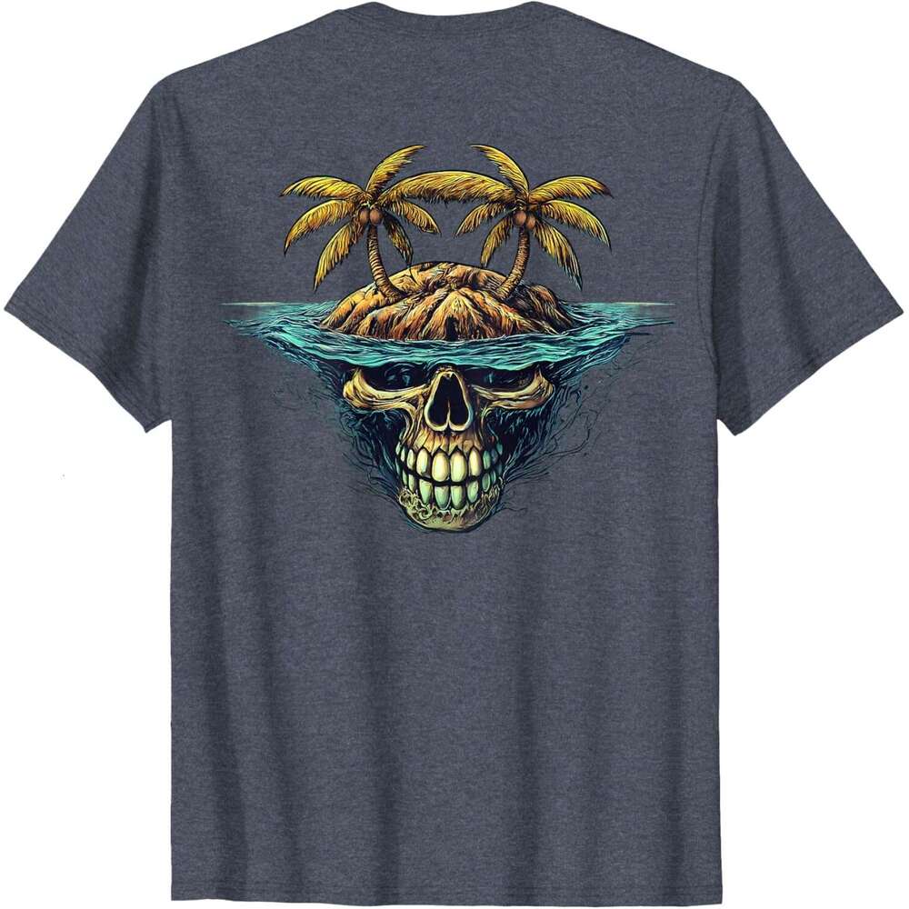 Mens T shirt On Back Cool Island Palm Trees Skull Beach Pirate Nautical T-Shirt shirts tshirt graphic tee Casual tops summer clothes Short sleeve Free