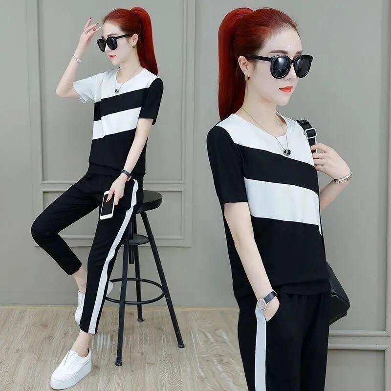 Womens Sports Suit Spring Summer Korean Loose Short Sleeve Tops And Pants Two Piece Set Student Casual Running Outfits 240807