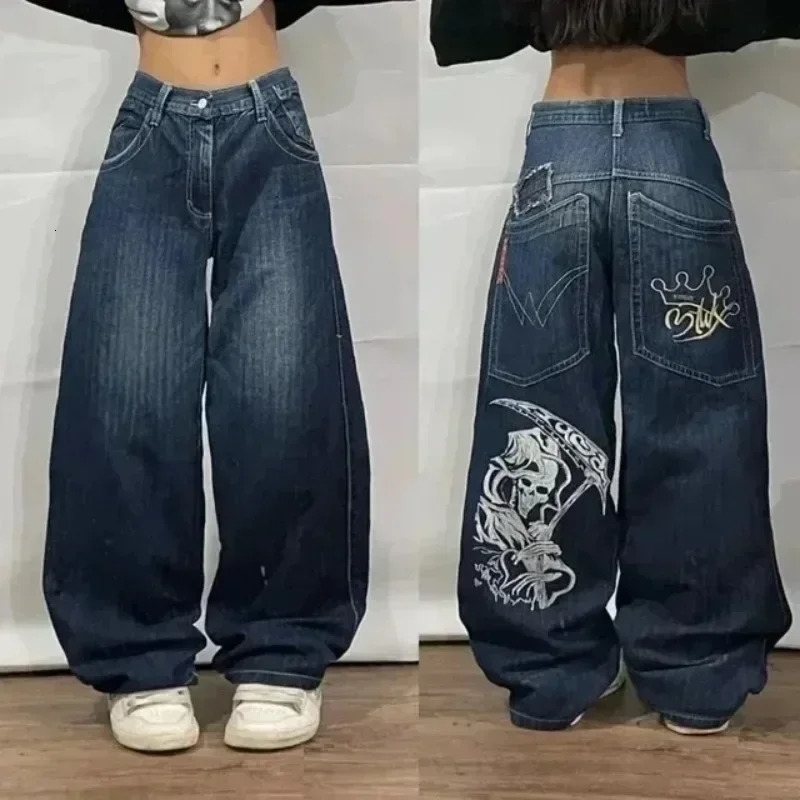 Y2K Japanese Harajuku Tiger Embroidery Loose High Waist Jeans Women Hip Hop Rock Punk Gothic Wide Pants Street Wear 240806