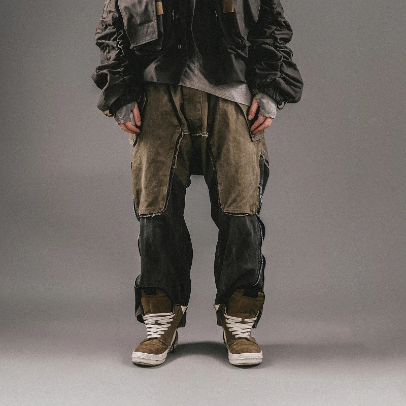 Techwear Women Drawstring Design Zipper Leg Stitching Contrast Color Washed Mens Casual Style Distressed Pants 240806
