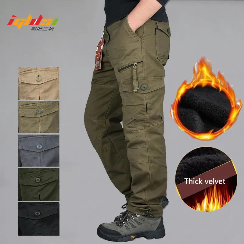 Winter Fleece Lining Cargo Pants Men Thick Warm Baggy Cotton Double Layer Long Trousers Tactical Size M3XL 240806