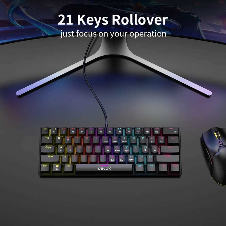 Delux KM36 Gaming Mechanical Wired 61 Keys Kercaps Keyboard Rainbow Backlit Mini Size Full Function For Notebook DesktopM240715