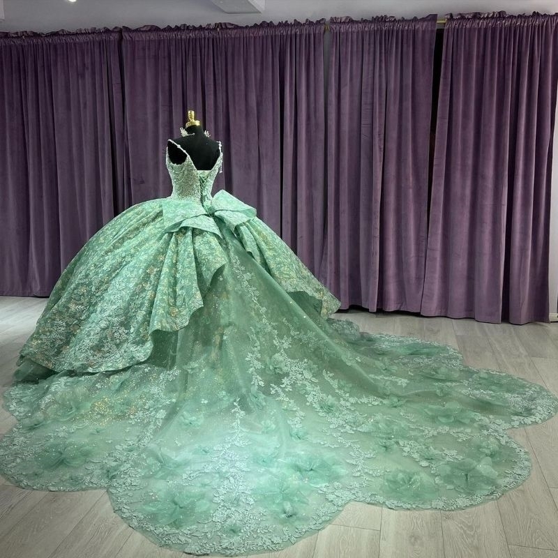 Sage Green Shiny Quinceanera Dresses Applique wer Beading Spaghetti Strap Party Dress Lace Up Ball Gown Sweet 16 Vestidos De 15 Anos