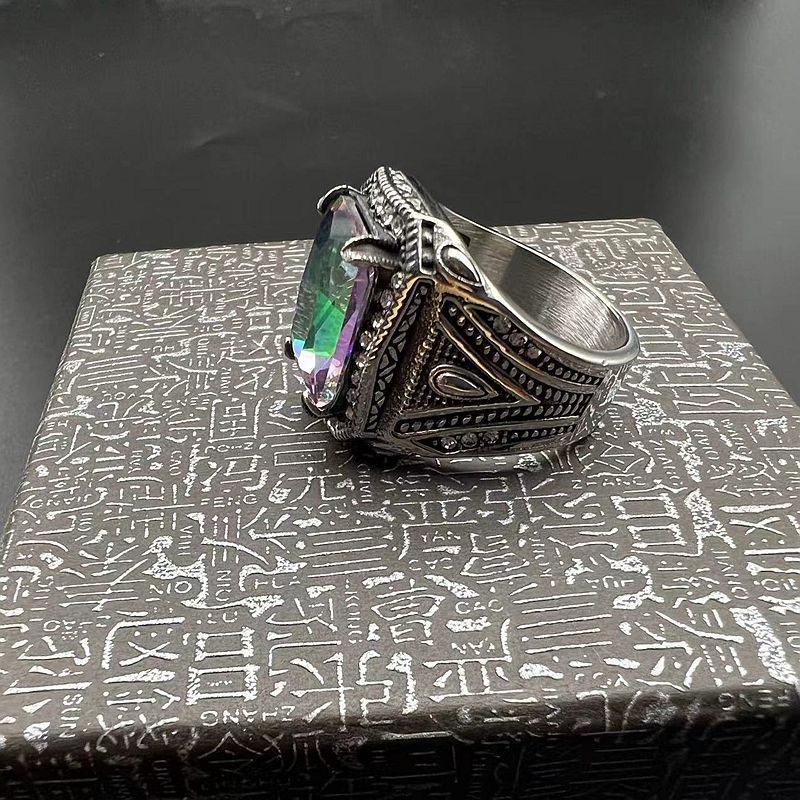 Retro Punk Casting Ring Iced Colorful Rhinestone Titanium Steel Mens Jewelry