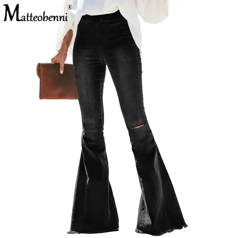 High Waisted Big Flare Jeans For Women Ripped Knee Hole Skinny Wide-Leg Denim Pants Female Casual Black Elastic Jean 240807