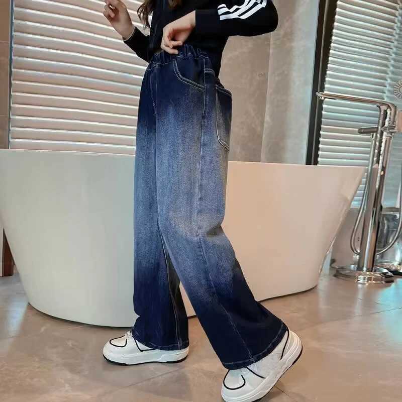 Jeans High Waist Jeans Girl Straight Loose Wide-leg Pants Spring and Autumn Korean Baggy Jeans Fashion Kids Denim Trousers
