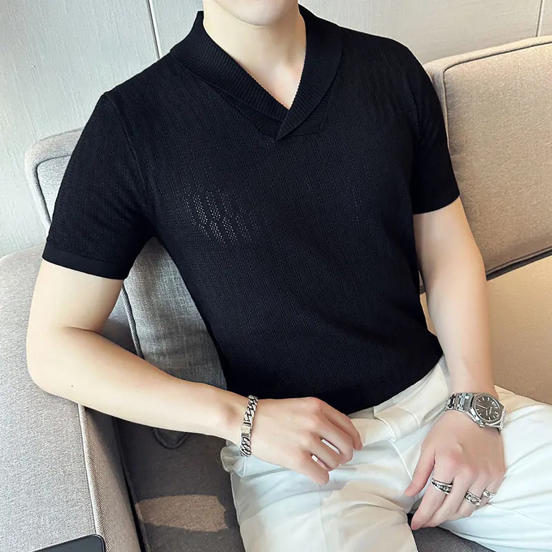 Summer slim fit fitness elastic Tshirt mens tee top ice silk short sleeved Vneck knitted solid color S3XL 240807