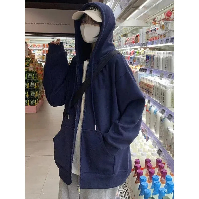Womens Spring Autumn Oversized Loose-fit Hooded Sweatshirt Jacket Idle Style Printing Outerwear 240807