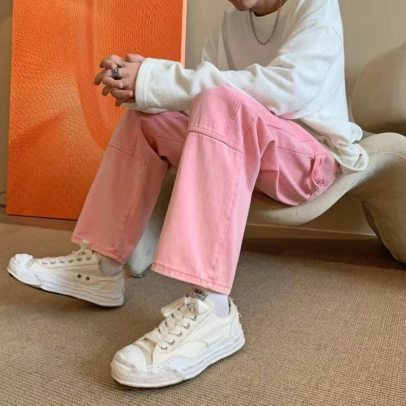 Mens Y2K Oversized Clothes 5XL Vintage Pink Jeans Baggy Harajuku Casual Cargo Denim Wide Leg Pants Cotton Korean Mens Trousers 240814