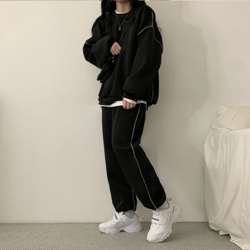 Schinotch Women Tracksuit Long Sleeve Warm O-neck Solid Color Pullover Hoodie Sweatpants Sport Outfit Jogger Set 240807
