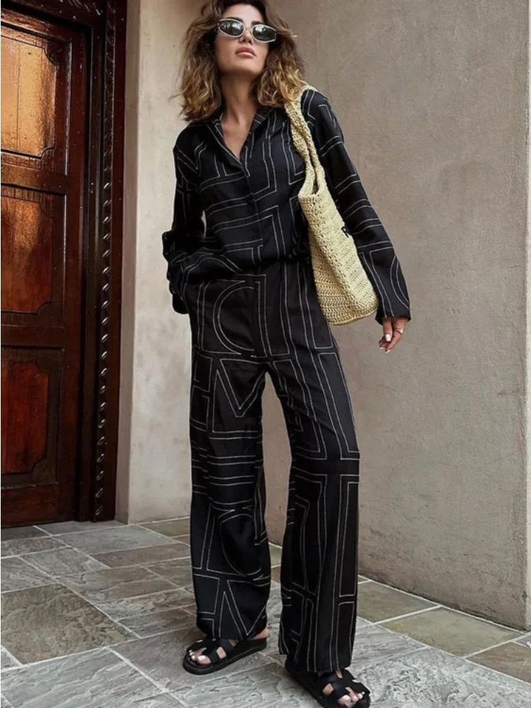 Tossy casual decal print 2-piece set for womens Trouser fashion collar shirt evening dress ultra-thin high waisted womens pants set240806