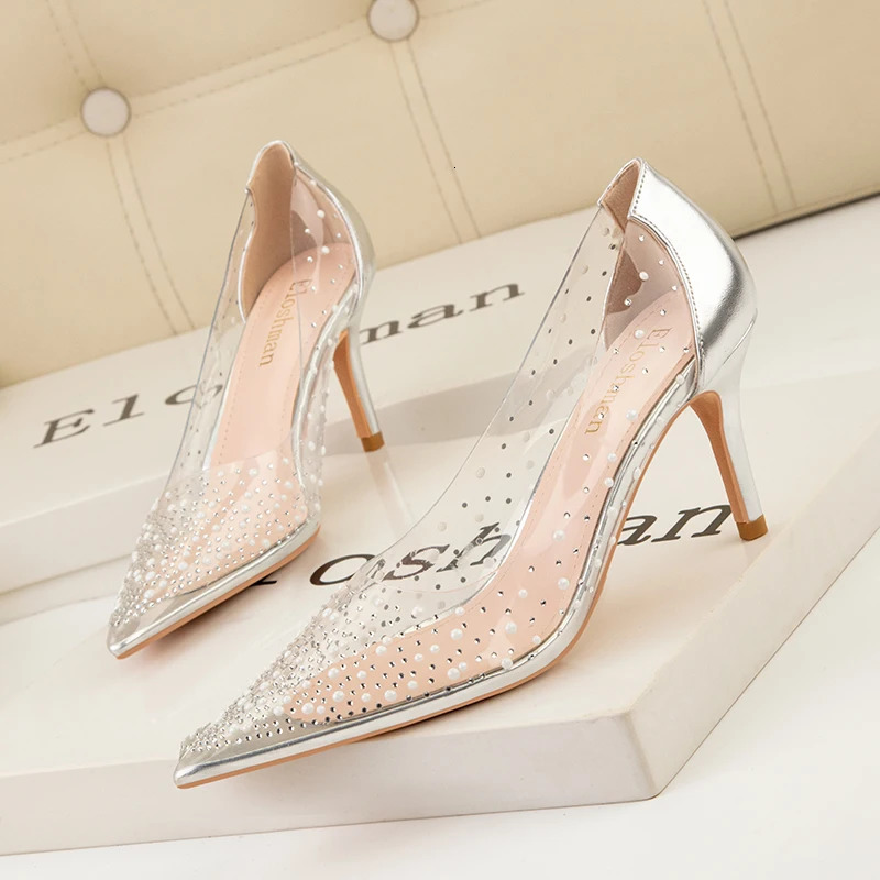 Fashion gold rhinestone PVC transparent womens pump spring and autumn fine high heels sexy party wedding shoes 240802