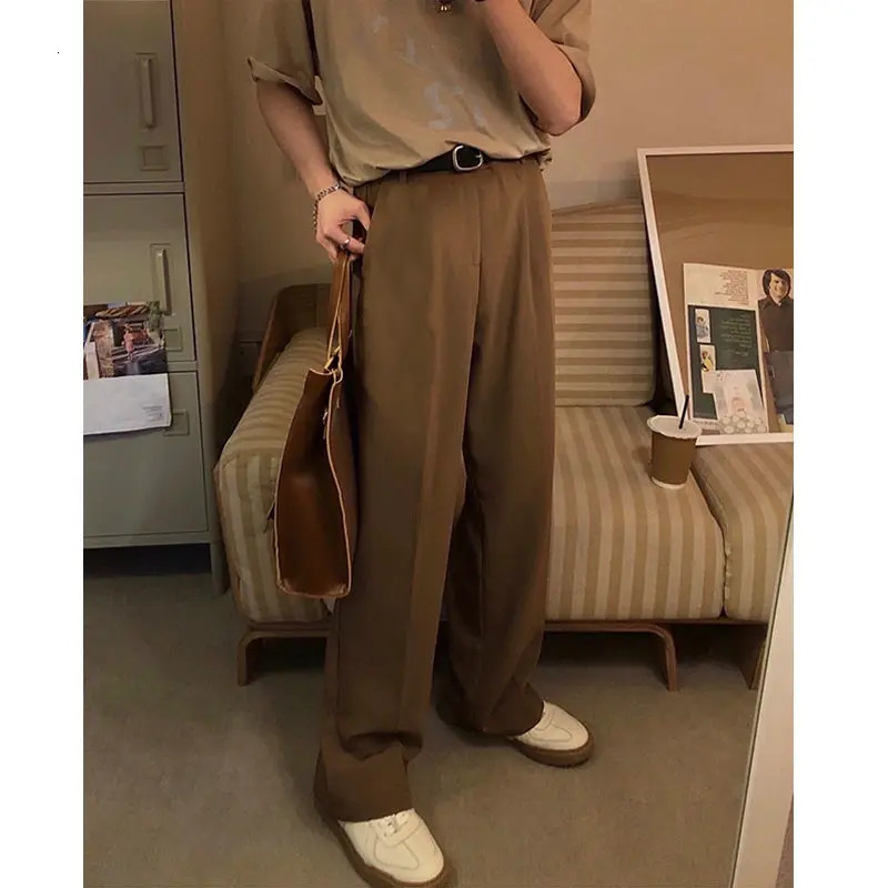 Retro solid color summer straight leg mens wide pants with fashionable pockets that fully match street casual loose fit Trousers 240812