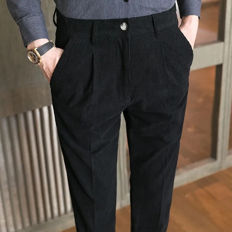 Men Corduroy Elasticity Solid Casual Pencil Pants Autumn Winter Fashion Regular Business Straight Suit Trousers Brown Blue Khaki 240806