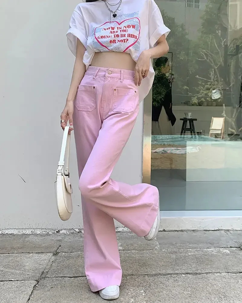 Summer With Pockets Pants for Woman Pink Womens Jeans High Waist S Flared Bell Bottom Straight Leg Flare Trousers 2000s Y2k 240807