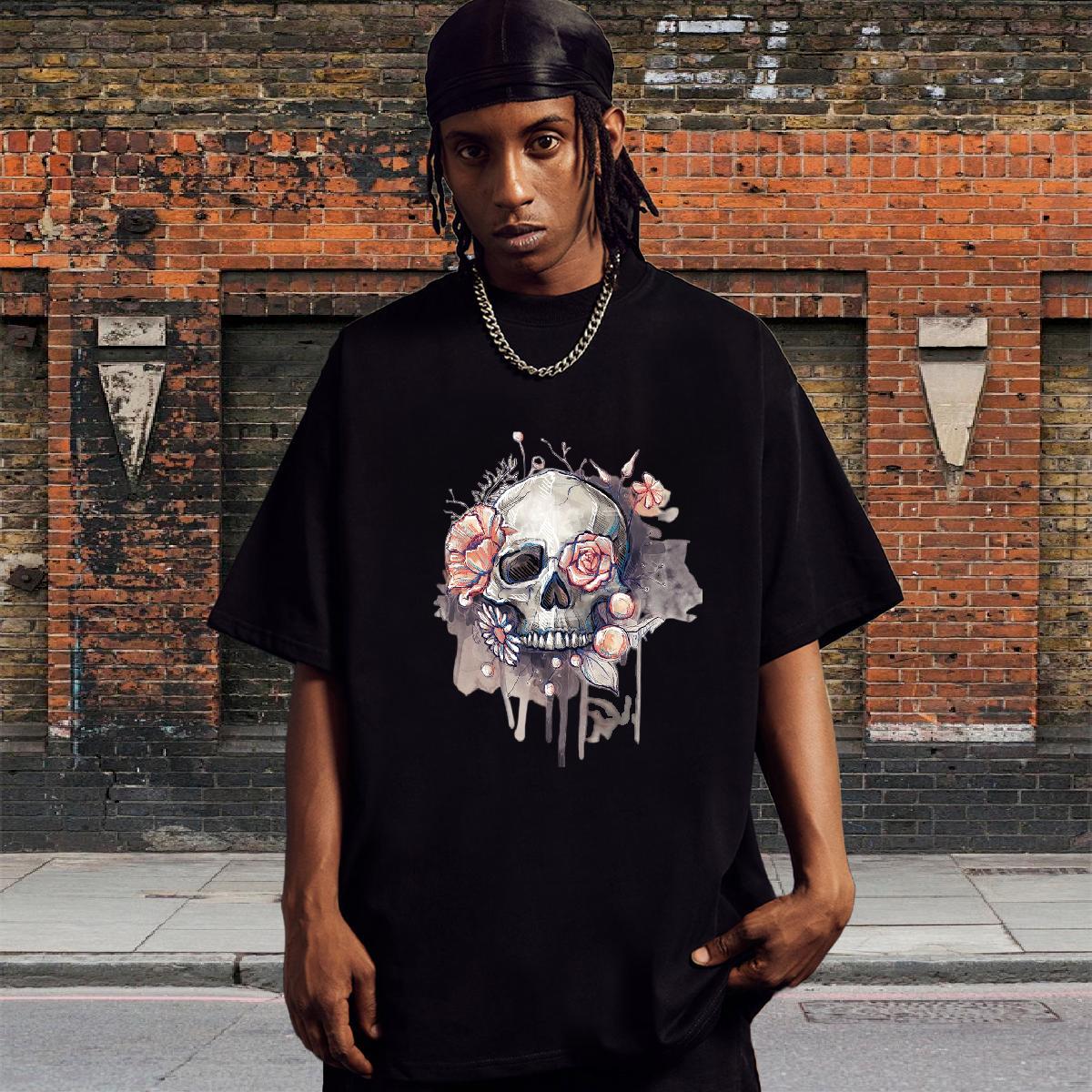 Classic Casual T Shirt For Man skull Tops Shirt 230g Pure Cotton Summer Casual Brand Black Oversized Breathable Mens Tshirts