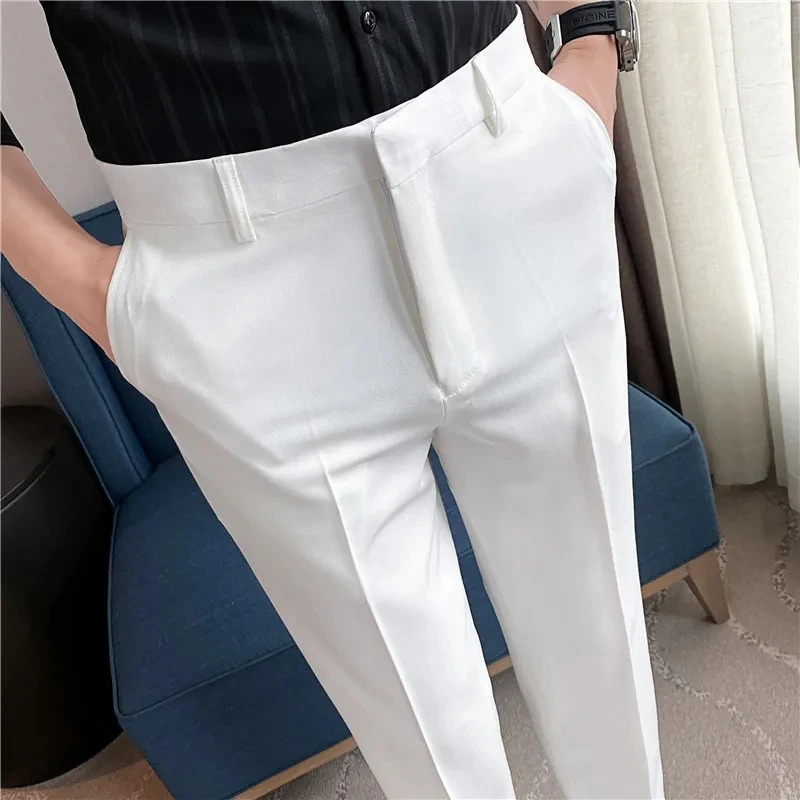 British Style Solid High Waist Trousers Men Formal Quality Slim Fit Business Casual Suit Pants Groom Wedding Dress 240806