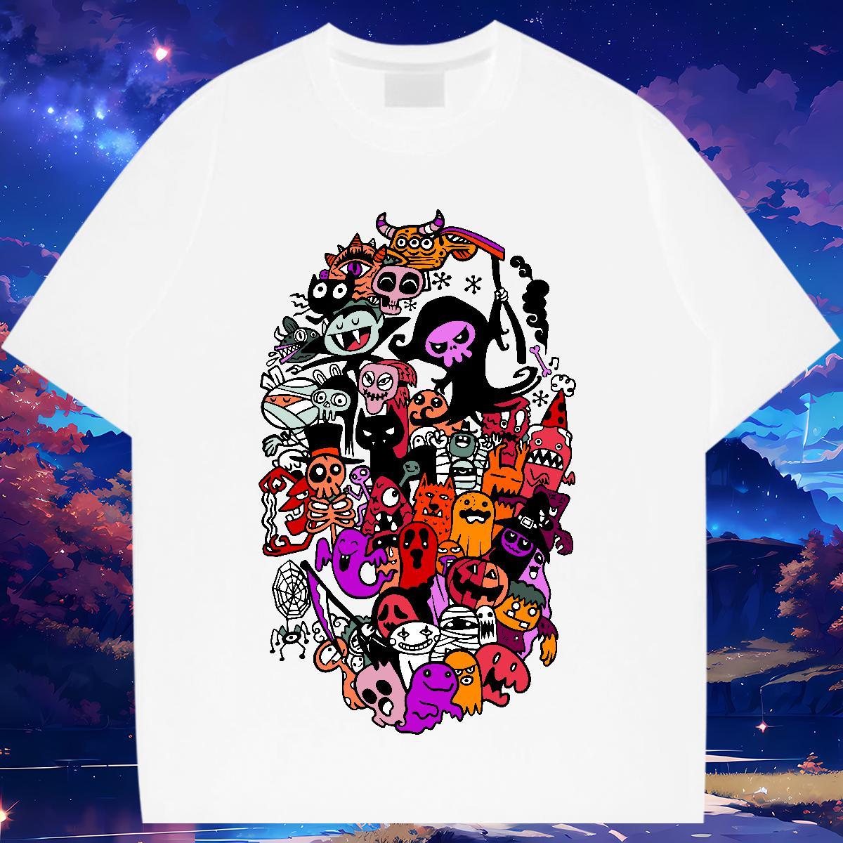 2024 New T-Shirts skull Wear 100% Cotton 230g Casual Beach Popular Floral Print Round Neck Short Sleeve Tshirt for Man Woman