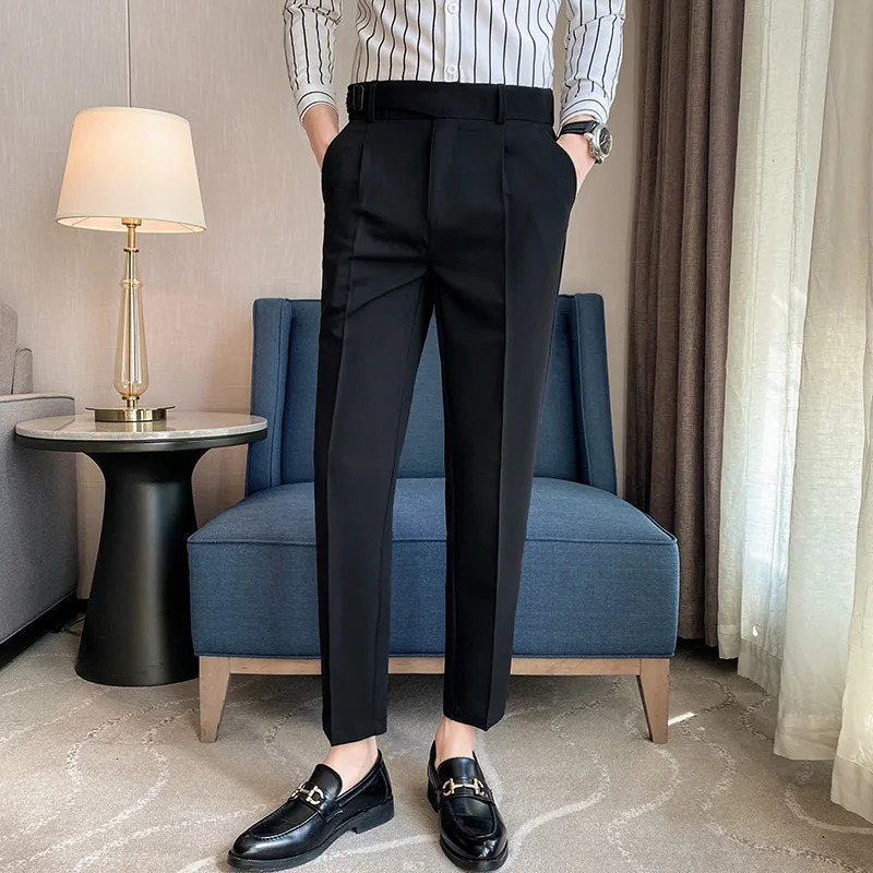 Spring British Fashion Slim Fit Suit Pants Mens Leisure High Quality Belt Design Business Wedding Social 240806