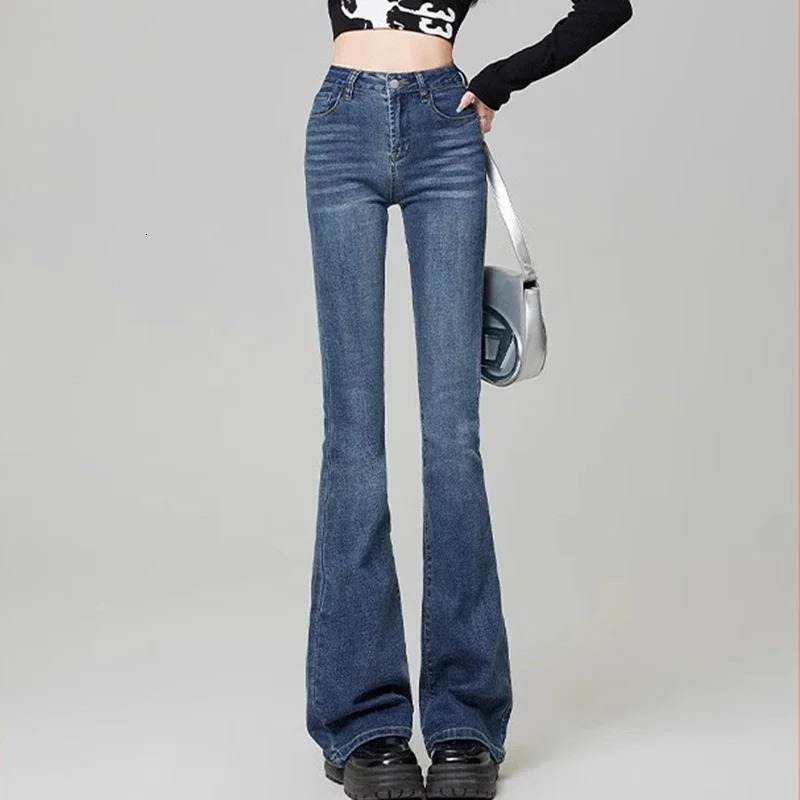 Woman Korean High Waist Grunge Flare Jeans Girls Fashion Y2k Bell Bottom Pants Female Blue Black Gray Streetwear Denim Trousers 240807