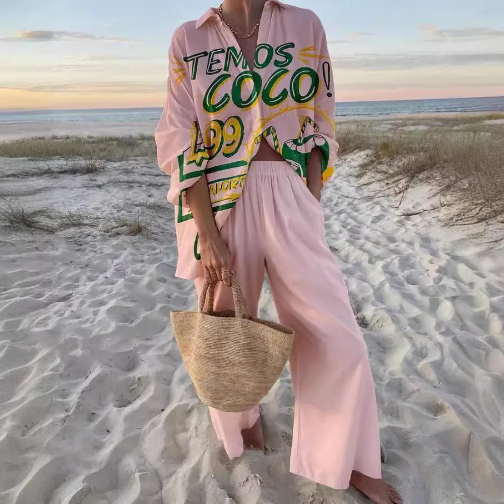 Summer Fashion Print Two Piece Set Women Sexy Polo Collar Long Sleeved Shirt Long Pants Casual Loose Two Piece Set 240807