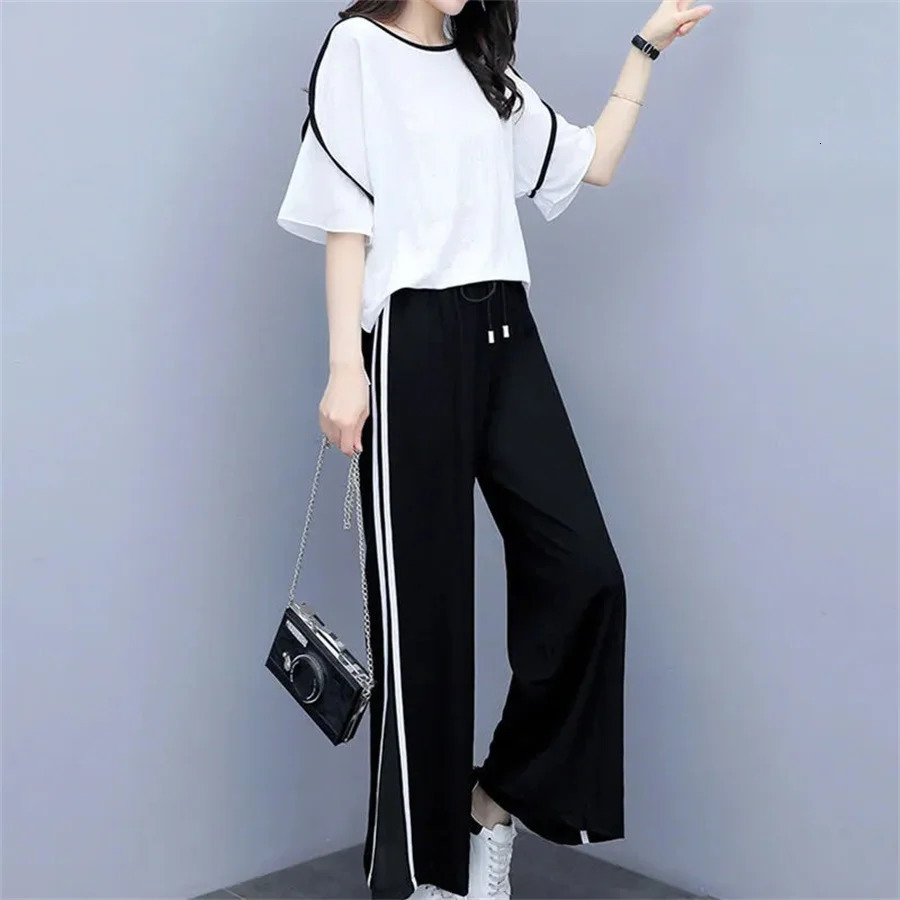 Short Sleeved Wide Leg Trousers Two Piece Set Fashion Loose Casual Sports Suit Women 240807