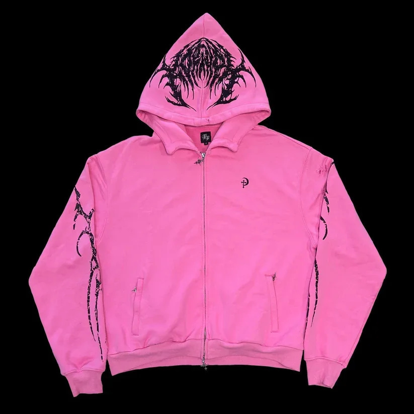 Y2K Zip Up Hoodie Gothic Hip Hop Letter Graphic Print Oversized Pullover Sweatshirt Men Women Harajuku Hoodies streetwear 240806