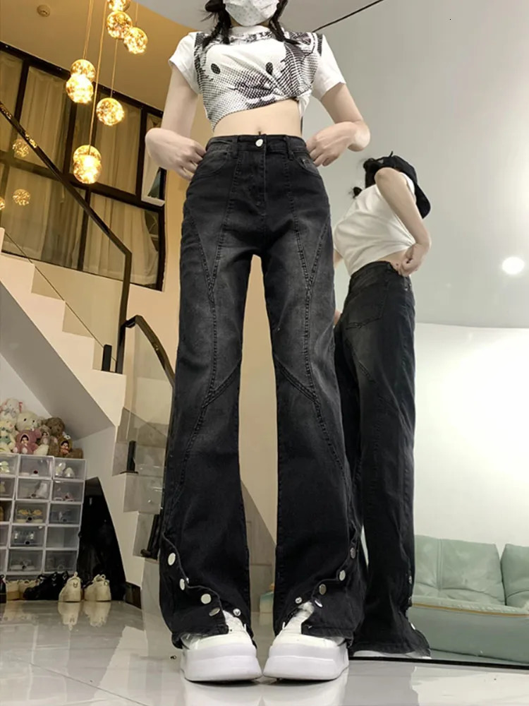 American Style High Street Denim Bell Bottoms Women High Waist Rivet Straight Pants Summer Fashion Jean Trousers Y2k Streetwear 240807