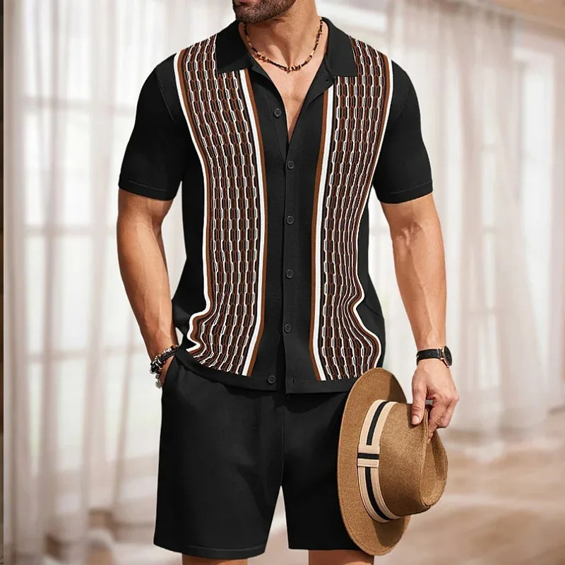 Retro patch work crochet shirt and shorts set casual daily shirt set mens holiday outdoor clothing summer240806